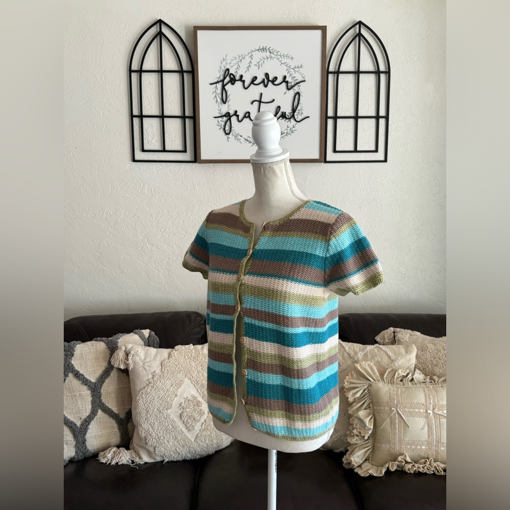 Vintage Coastal Granddaughter Short Sleeve Cardigan Cover Size M Hand Crochet - Picture 11 of 16